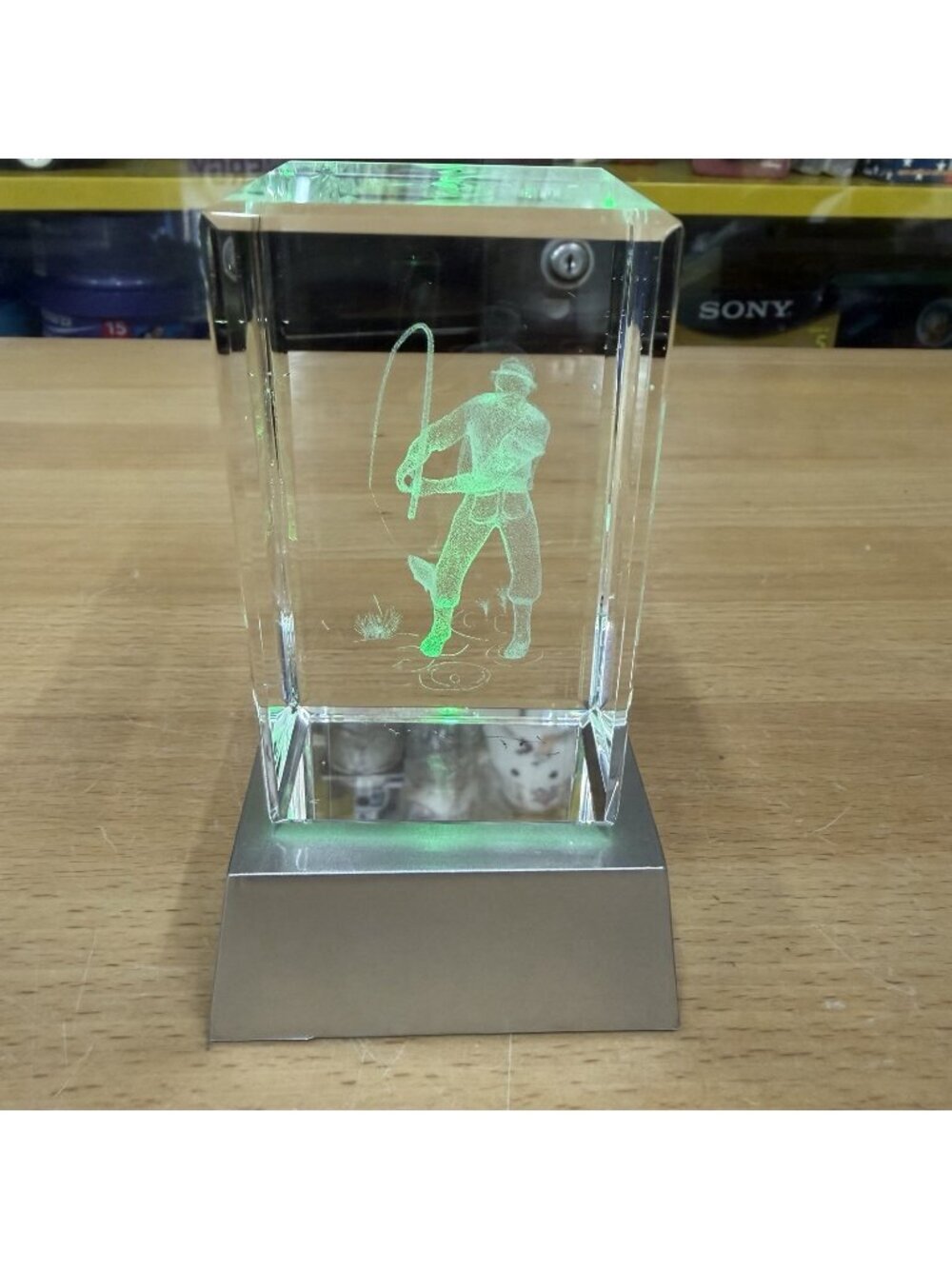 Laser Etched 3D Crystal Paperweight Man Fishing 3.35"x 2"